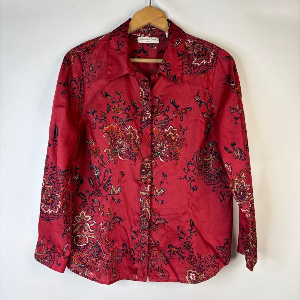 Coldwater Creek Button Down Shirt Womens PL Red Paisley Floral Cotton Shaped